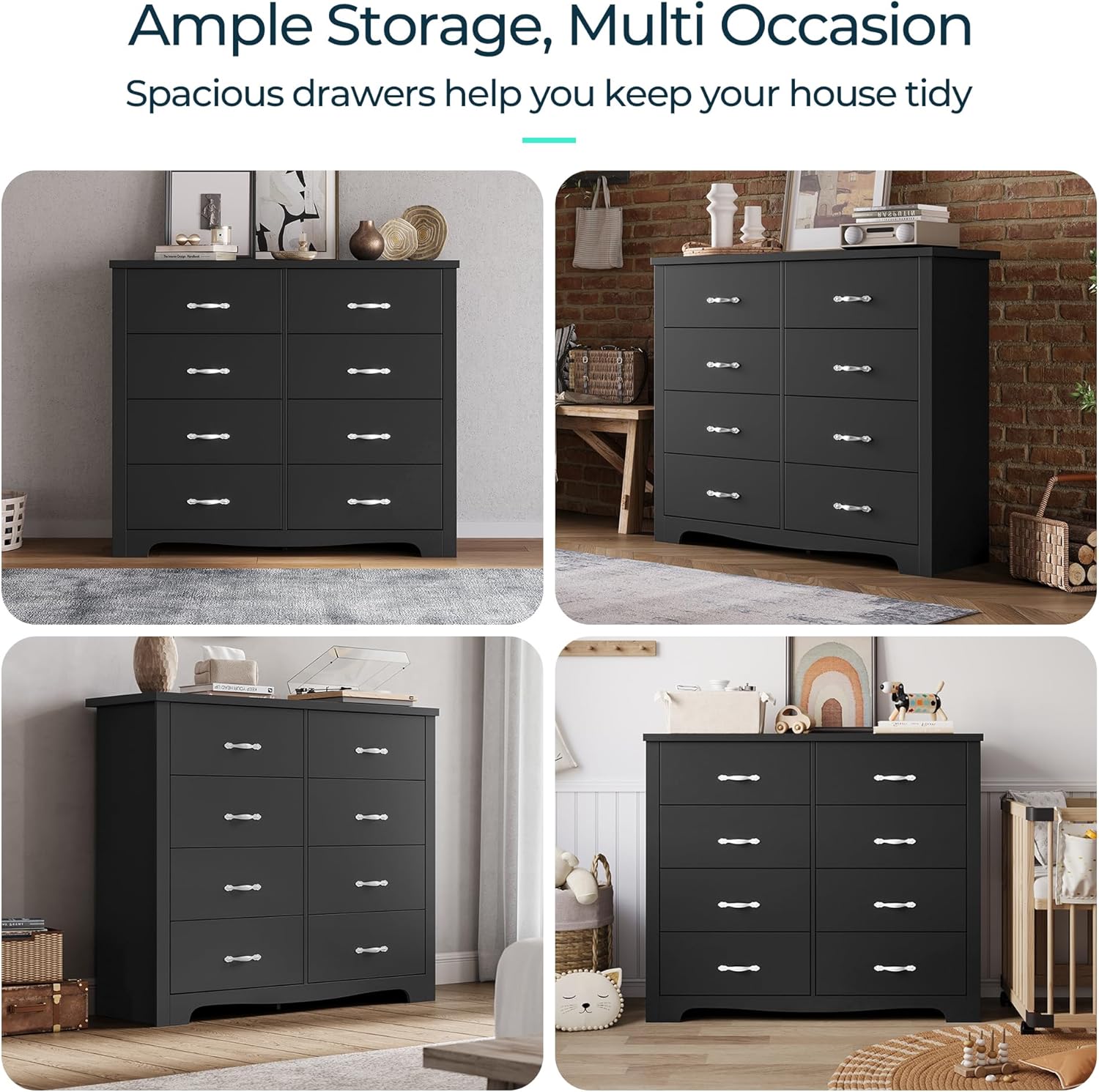 LINSY HOME 8 Drawer Dresser, Black Dresser for Bedroom, Modern Dresser Chest with Wide Drawers, Wood Storage Chest of Drawers for Living Room