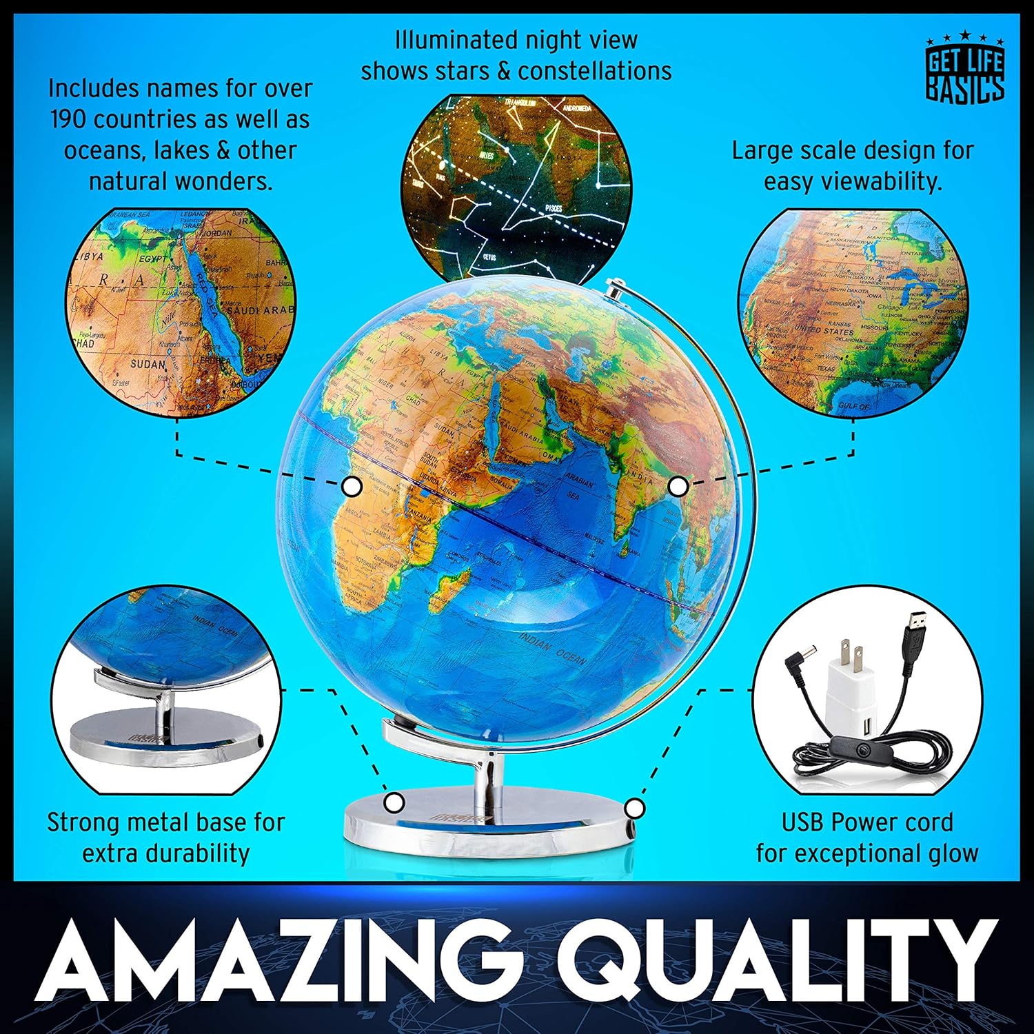 World Globe with Stand - 13" Globes for Kids with Light Up Constellation, Map of Earth for Interactive Learning, Globes for Adults Illuminated Constellation, Educational Toys - Includes Bonus E-Book