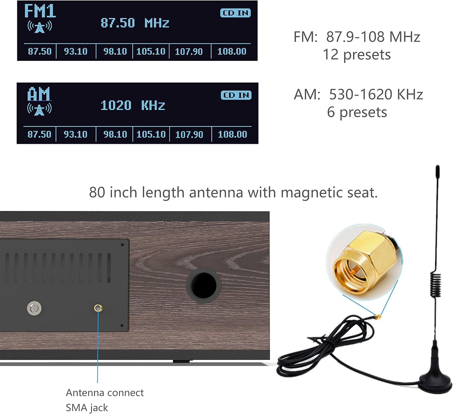 KEiiD Retro CD Players for Home with Speakers Wooden Stereo System Booombox with Bluetooth Receiver FM/AM Radio Tuner USB AUX, Bass/Treble Adjustable