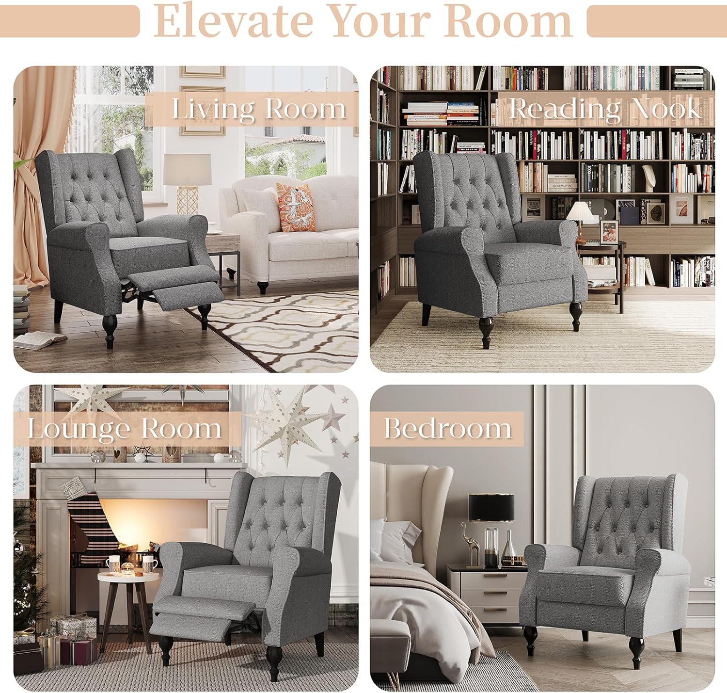 Wing Back Recliner Chair for Living Room, High Back Upholstered Recliner Chairs for Adults, Tufted Accent Lounge Armchair Single Sofa Chair, Dark Gray