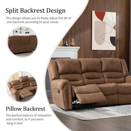 CANMOV Manual Recliner Sofa Set,2 Pieces Sofa Furniture Set for Living Room,Manual Reclining Sofa and Recliner Loveseat with Overstuffed Armrest for Living Room,Bedroom Furniture,Office(Nut Brown,2+3)
