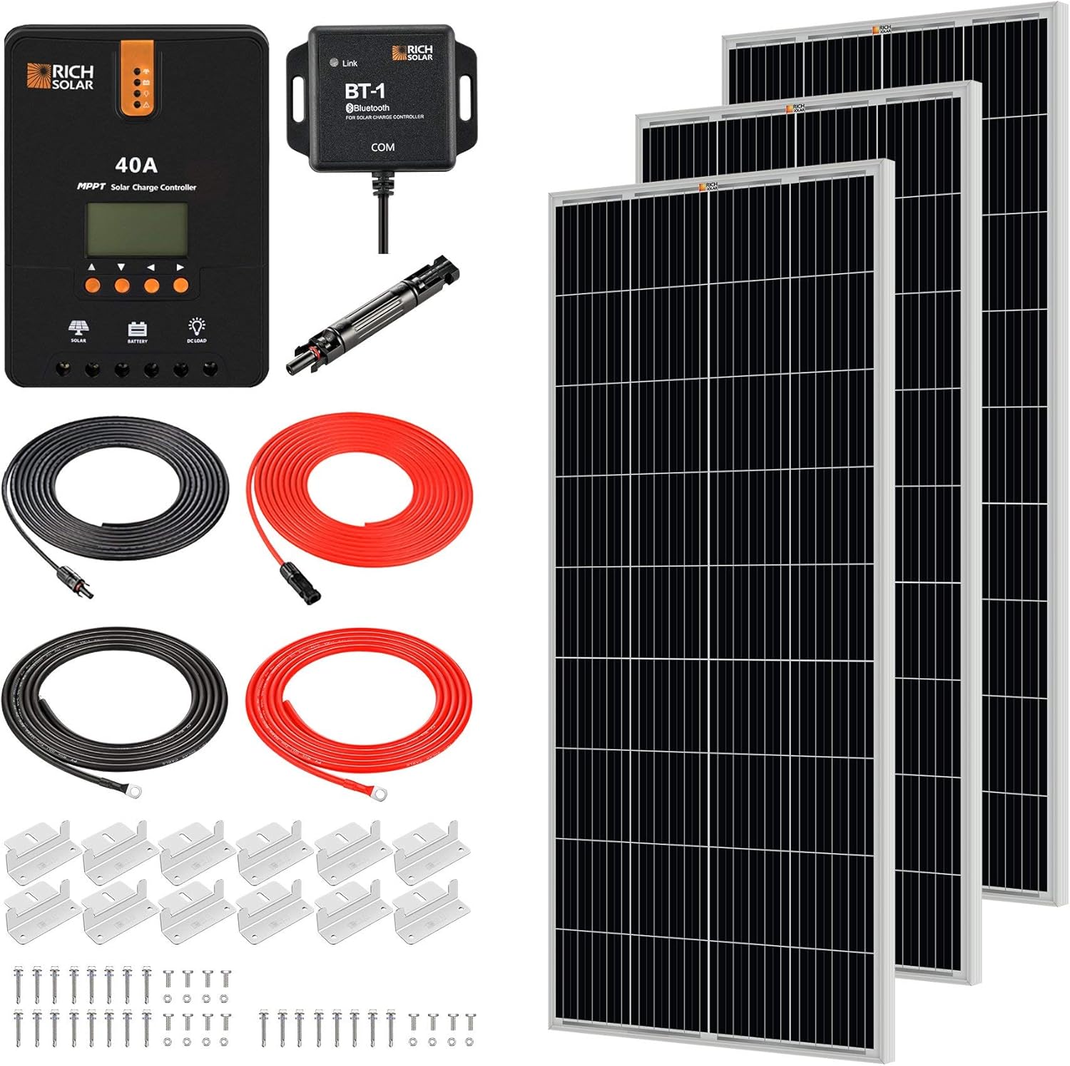 RICH SOLAR 400 Watt 12 Volt 2 Pcs 200W Panel+40A MPPT Charge Controller+ Bluetooth Module Fuse+ Mounting Z Brackets+Adaptor Kit +Tray Cables Set,Grid 12V Solar Power System