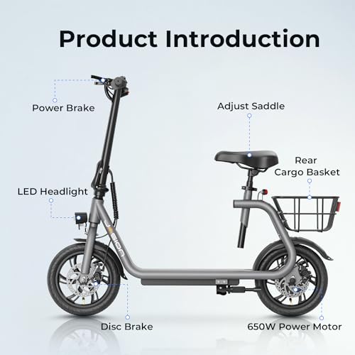 Jasion JS3/PRO Electric Scooter with Seat, 650/850W Peak Motor Electric Scooter Adults, 20/25Miles Ranges Sports Scooter for Adults, 20/25MPH Max Speed, Foldable E-Scooter for Pets, Disc Brakes