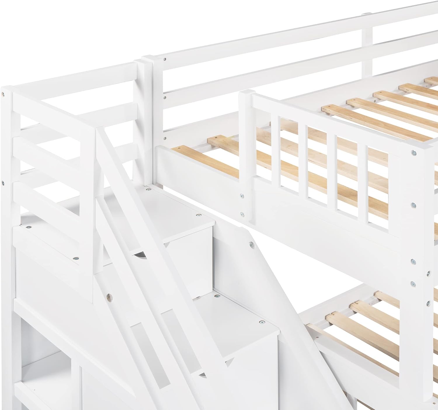 L Shaped Bunk Beds For 3, Triple Bunk Bed With Stairs And 3 Storage Drawers, Over Full Bunk Bed With Size Loft Bed Attached, Wooden Bunk Bed Frame For Kids Teens Adults (White)