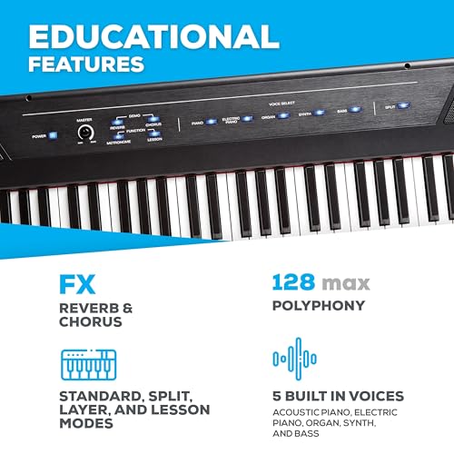Alesis Recital – 88 Key Digital Piano Keyboard with Semi Weighted Keys, 2x20W Speakers, 5 Voices, Split, Layer and Lesson Mode, FX and Piano Lessons