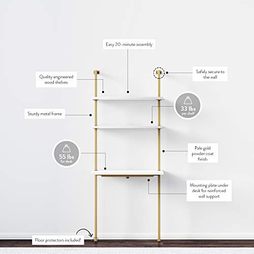 Nathan James Theo 2-Shelf Industrial Wall Mount Ladder Small Computer or Writing Desk, White/Gold Brass