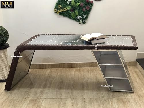 NauticalMart Aviator Wing Desk with Storage Aluminum and Leather Office Desk Silver and Brown (64 Inches)