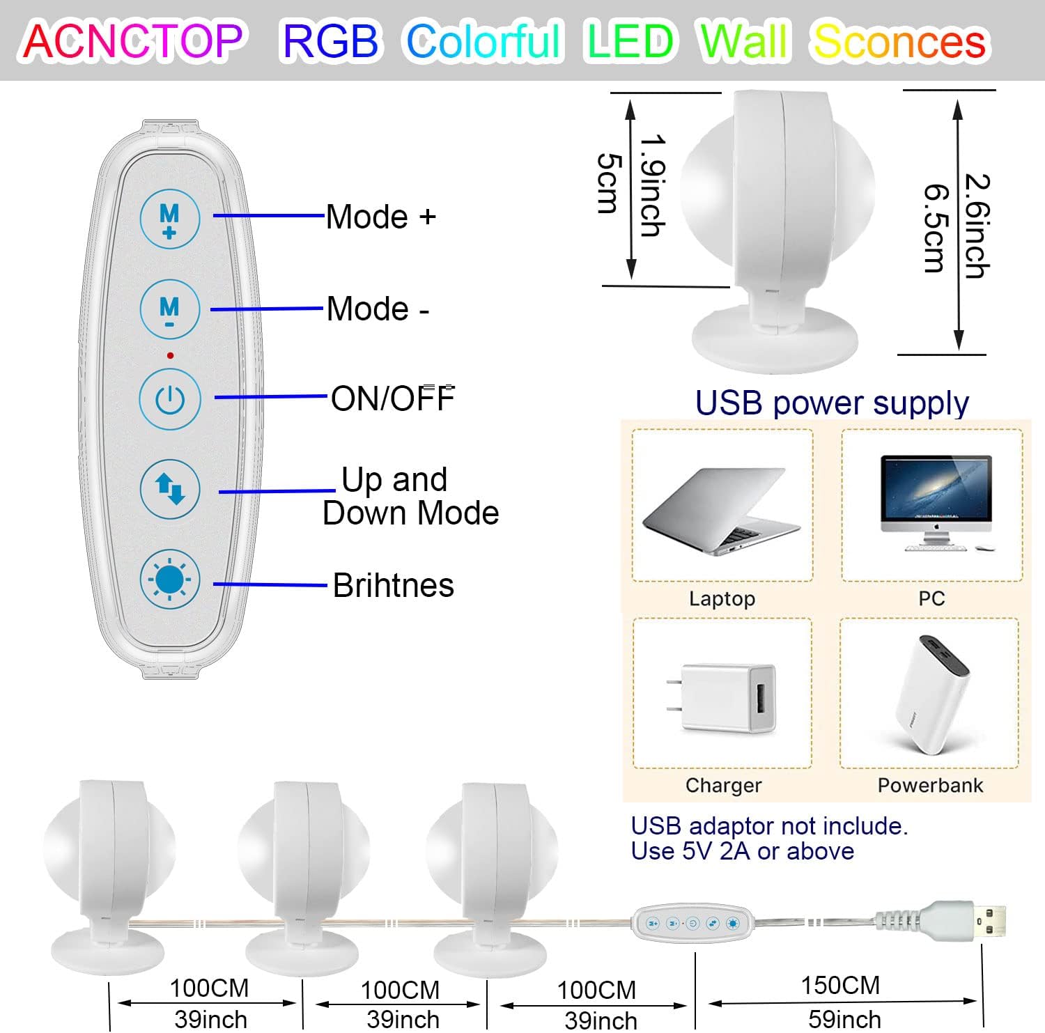 ACNCTOP Novelty Ambient and Mood Lighting 360&deg; Rotating DIY Wall Art Decor RGB Bar LED Wall Light for Bedroom,Living Room,Room,Hallway,Stair,Modern Home Decoration