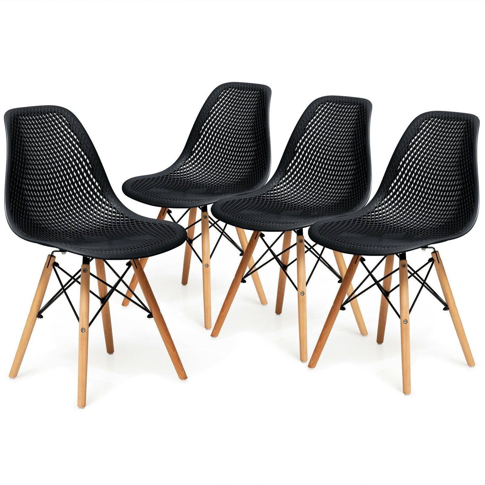 4 Pcs Modern Plastic Hollow Chair Set with Wood Leg-White