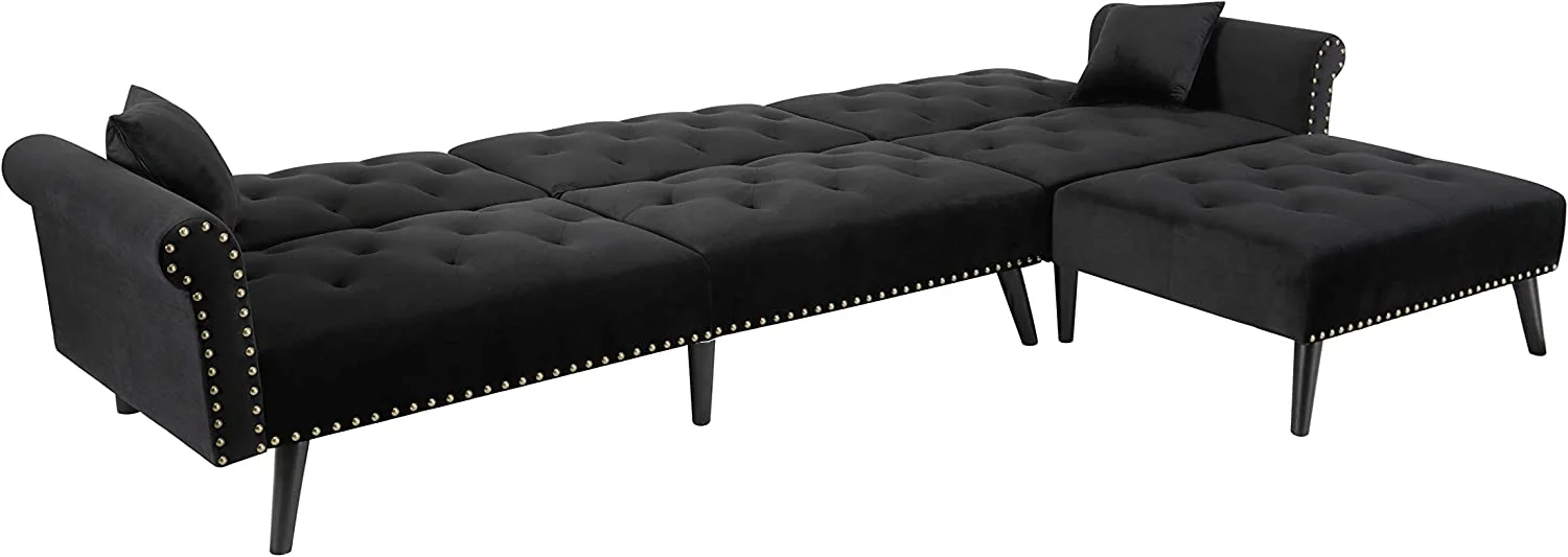 Convertible Sectional Sofa L Shape Couch Sleeper Bed Black Velvet with Wood Legs for Living Room Furniture