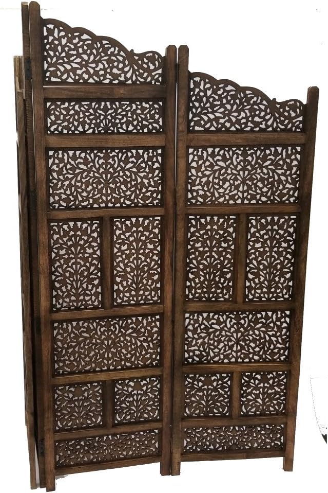 Benjara BM01875 Hand Carved Foldable 4-Panel Wooden Partition Screen/Room Divider, Brown