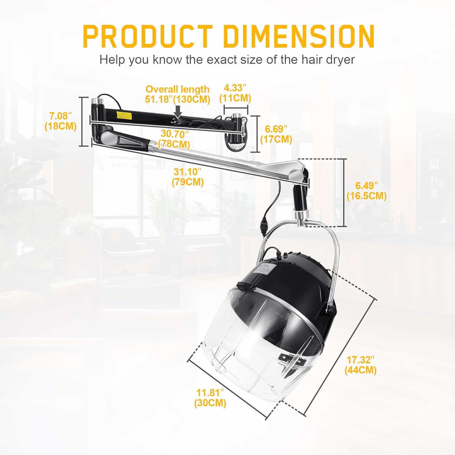 Professional 900W Wall Mounted Hair Dryer with Swivel Arm, Fast Hair Drying Low Noise for Salon, Adjustable Termperature 5-70°C Timer 0-60 Min Hairdryers Black