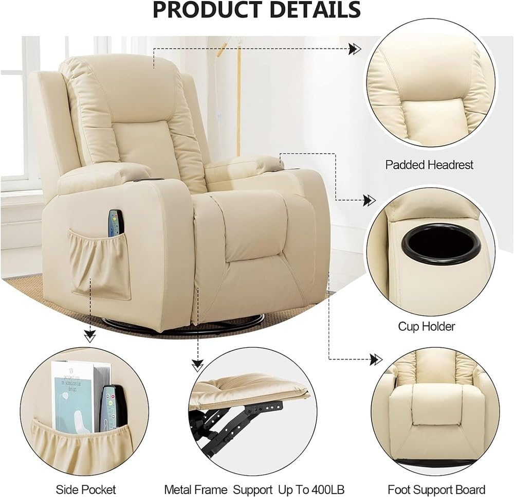 Deluxe Lazy Boy Recliner Chair Massage Rocker with Heated PU Leather - Ergonomic Lounge 360 Degree Swivel Sofa Seat with Drink Holders - Living Room Chair Cream - Relax in Ultimate Comfort