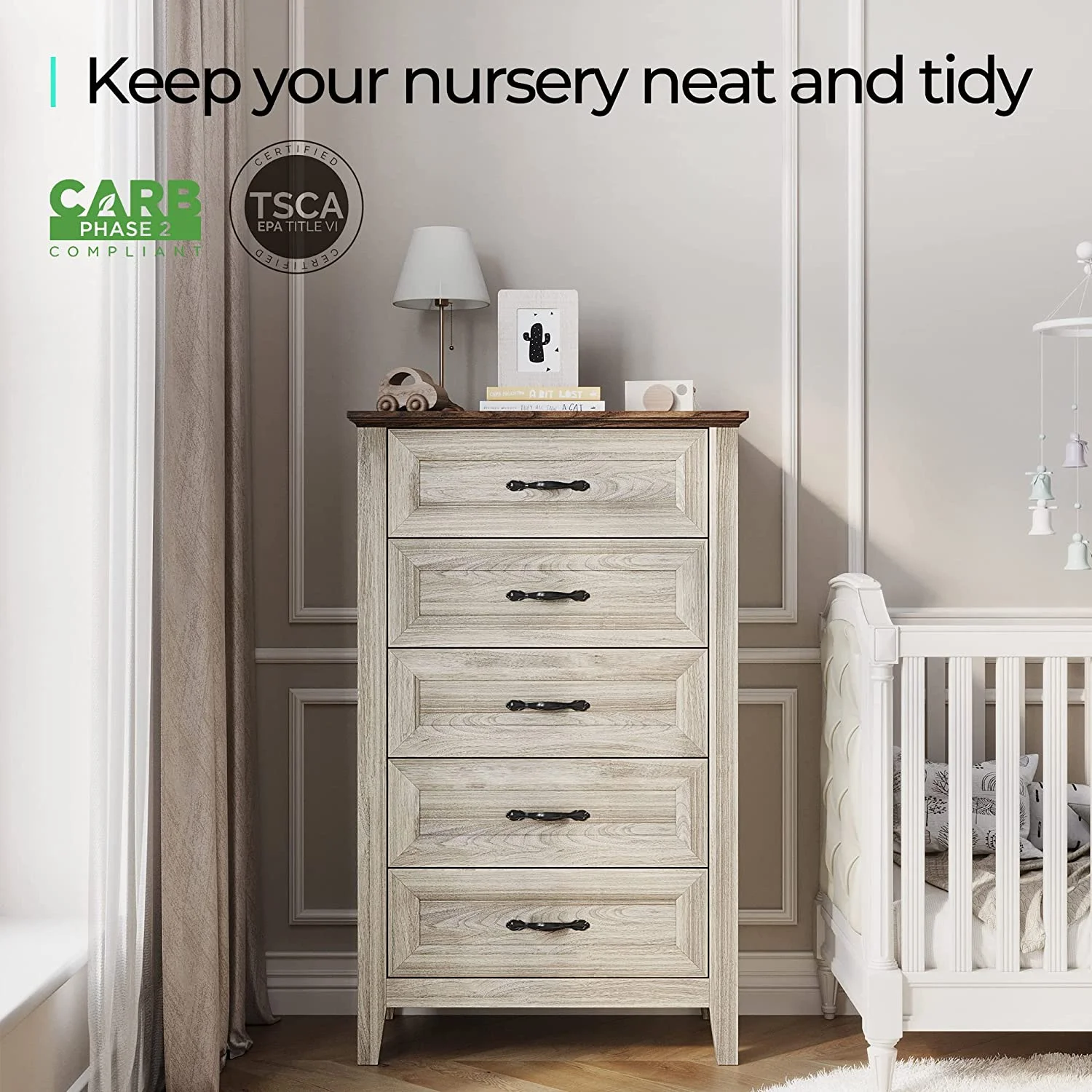 Beige Dresser for Bedroom, 5 Drawer Dresser with Metal Handles, Chest of Drawers, Tall Dresser for Living Room, Entryway, and Closet