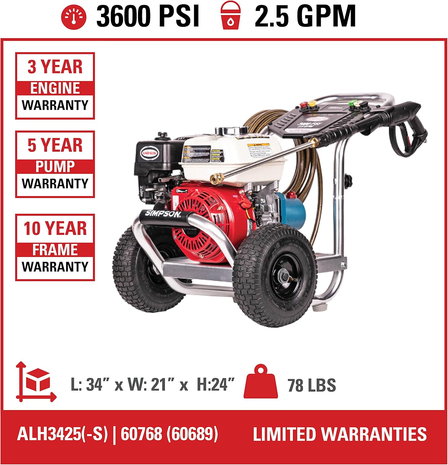 SIMPSON Cleaning ALH3425 Aluminum Gas Pressure Washer Powered by Honda GX200, 3600 PSI @ 2.5 GPM, Black & Red