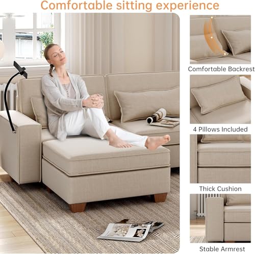 Modular Sectional Sofa, Convertible U Shaped Sofa Couch with Central Console & USB Ports, 7 Seat Modular Sectionals Couch with Chaise and Storage for Living Room, Light Grey