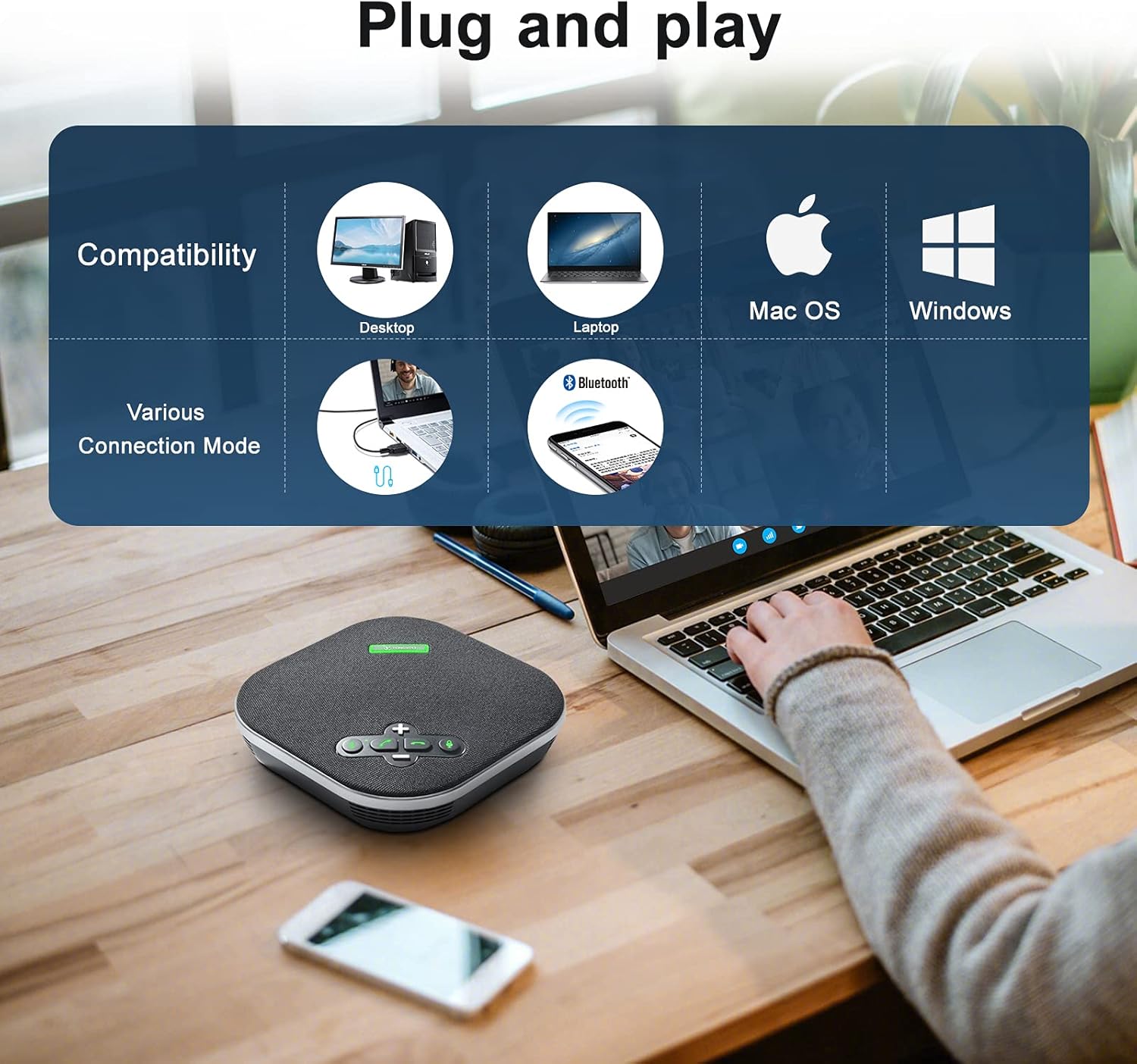 TONGVEO USB Speakerphone Conference Microphone,M3 Conference Speaker Built-in Full Duplex 360°Voice Pickup 4 AI Microphones Noise Cancellation Mics for Video Conference,Gaming,Chatting,Skype…