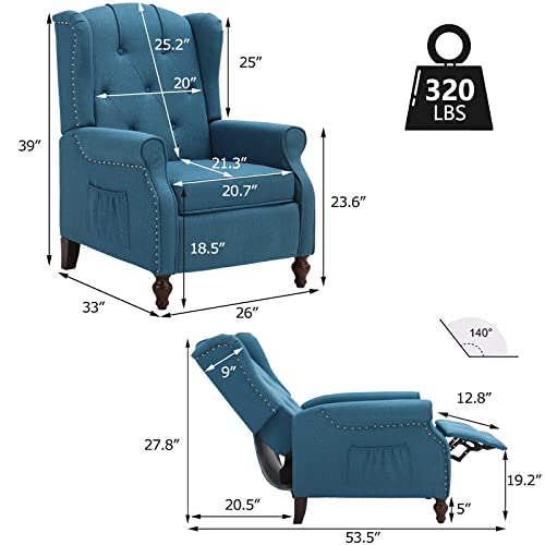 Wingback Recliner Chair with Massage and Heat, Tufted Fabric Pushback Recliner Chair, Wingback Chair with Remote Control, Padded Cushion, Wooden Legs, Small Recliners for Small Spaces