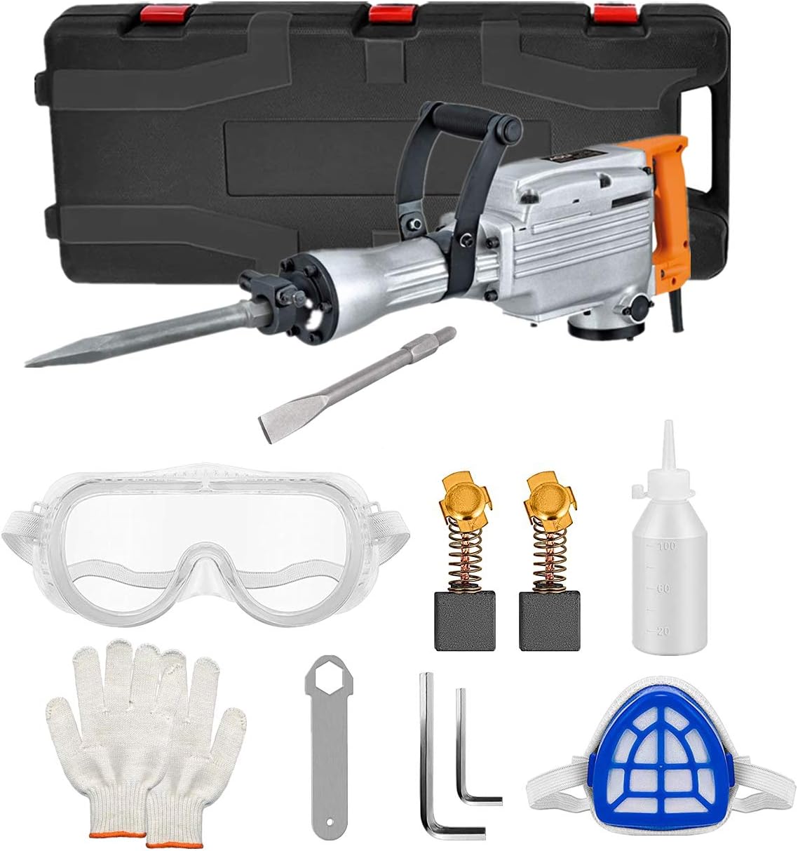 CCTi 2200 Watt Electric Demolition Jack Hammer 1400 BPM Concrete Breaker, includes Point and Flat Chisels (Model: CDH65A)
