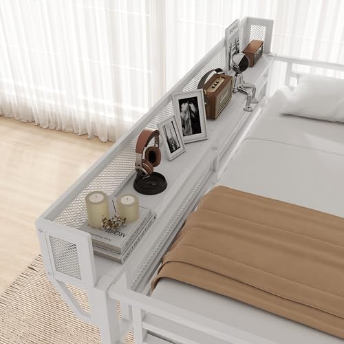 Full Size Loft Bed with Stairs and Storage, Metal Loft Bed Frame with Bedside Shelf and Large Under-Bed Space, Heavy-Duty Bed for Adults Teens and Kids, Black