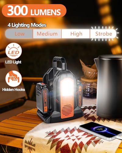 350W Power Inverter for Black+Decker 20v Battery, 4-Ports DC 20V to AC 110-120V Battery Inverter with 3 USB-A Port, 1 USB-C Port,300lm LED Light for Outdoors Camping Travel Emergency(Tool Only)