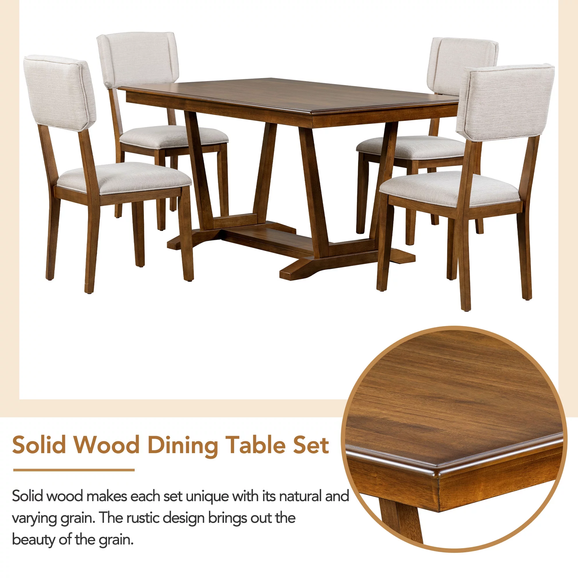 5 Piece Dining Table Set, Atumon Dining Table Set for 4, Wood Dining Room Set with 1 Table and 4 Upholstered Chairs, Farmhouse Dining Table Set for Kitchen Dining Room Apartment, Walnut