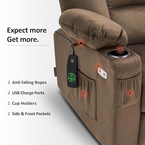 MCombo Small Power Lift Recliner Chair with Massage and Heat for Petite People, Cup Holders, USB Ports, Side Pockets, Fabric 7569 (Small-Regular, Brown)