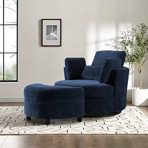 Chair and A Half with Ottoman, 360° Swivel Accent Barrel Chair Modern Comfy Round Reading Sofa Swivel Chairs Circle Lounge Chair for Bedroom Living Room w/4 Pillow Lower Seating Heigh (White, Large)