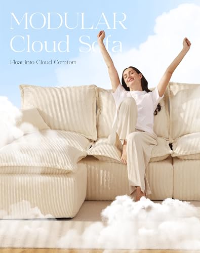 107" Comfy Cloud Couch with L-Shape Chaise & Deep Seat, Modular Sectional Sofa in a Box, Boneless Upholstered Couches for Living Room, No Assembly Required (Soft Corduroy, Black)