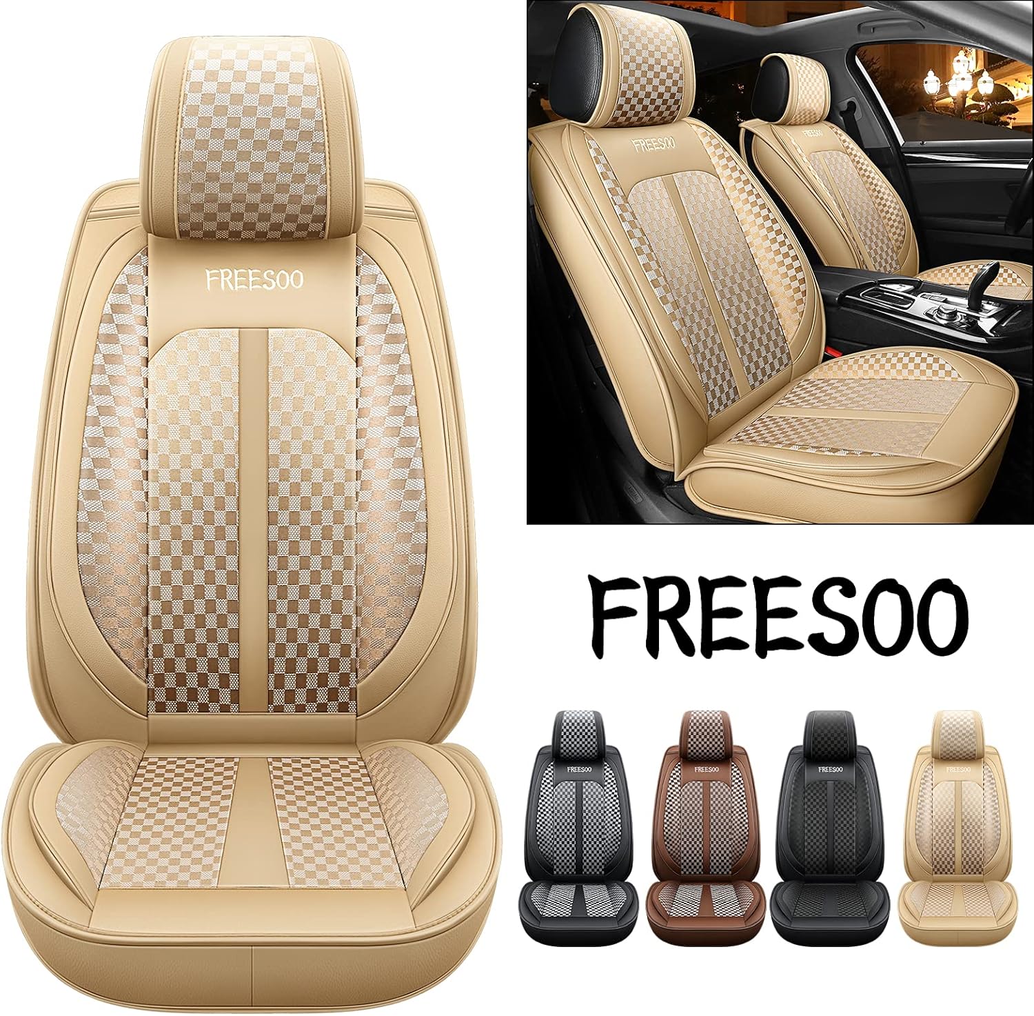 FREESOO Car Seat Covers Leather&Linen, Fashion Full Set Coverage Seat Cover Cushion Auto Accessories Universal Fit for 5 Seats Vehicle Year Round Use (Beige 12)