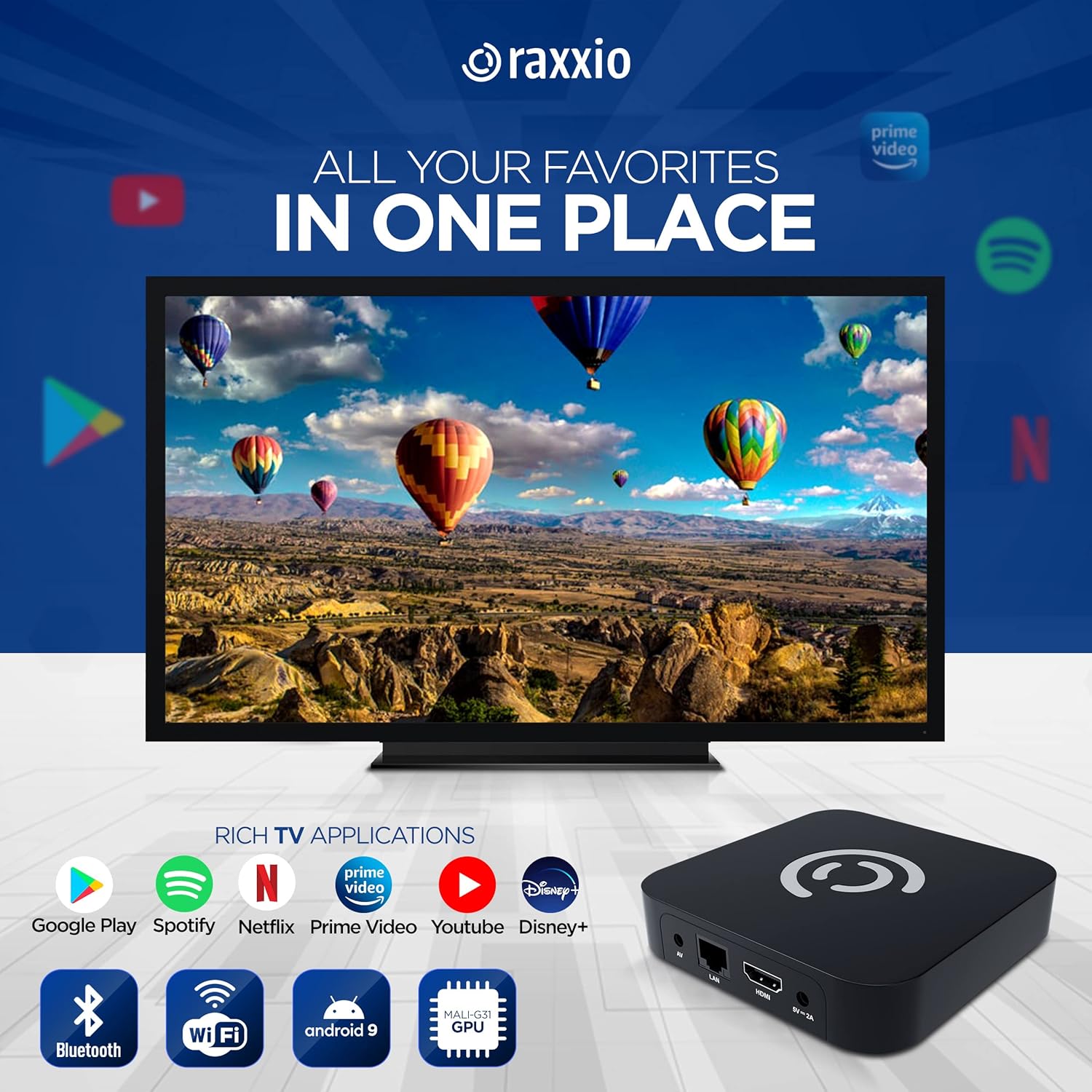 Raxxio Android TV Box - RAX2100 Android 9.0, Ultra HD 4K 75fps, 4GB RAM, 64 GB ROM, WiFi 2.5G + 5G, USB 3.0, and Bluetooth 4.1 Enabled Smart Android Box with HDMI Cable and Bluetooth Remote Control
