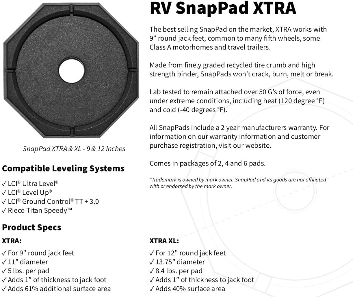 SnapPad Xtra Permanently Attached RV Leveling Jack Pad for 9 inch Round Landing Feet (Single) Pack of 2