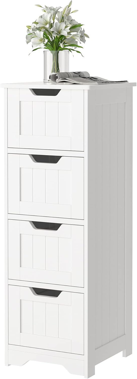 Bathroom Floor Storage Cabinet with 4 Drawers, 11.8 x 11.8 x 32.3 Inch Free Standing Entryway Cupboard Storage Organizer Unit for Home Multipurpose, White