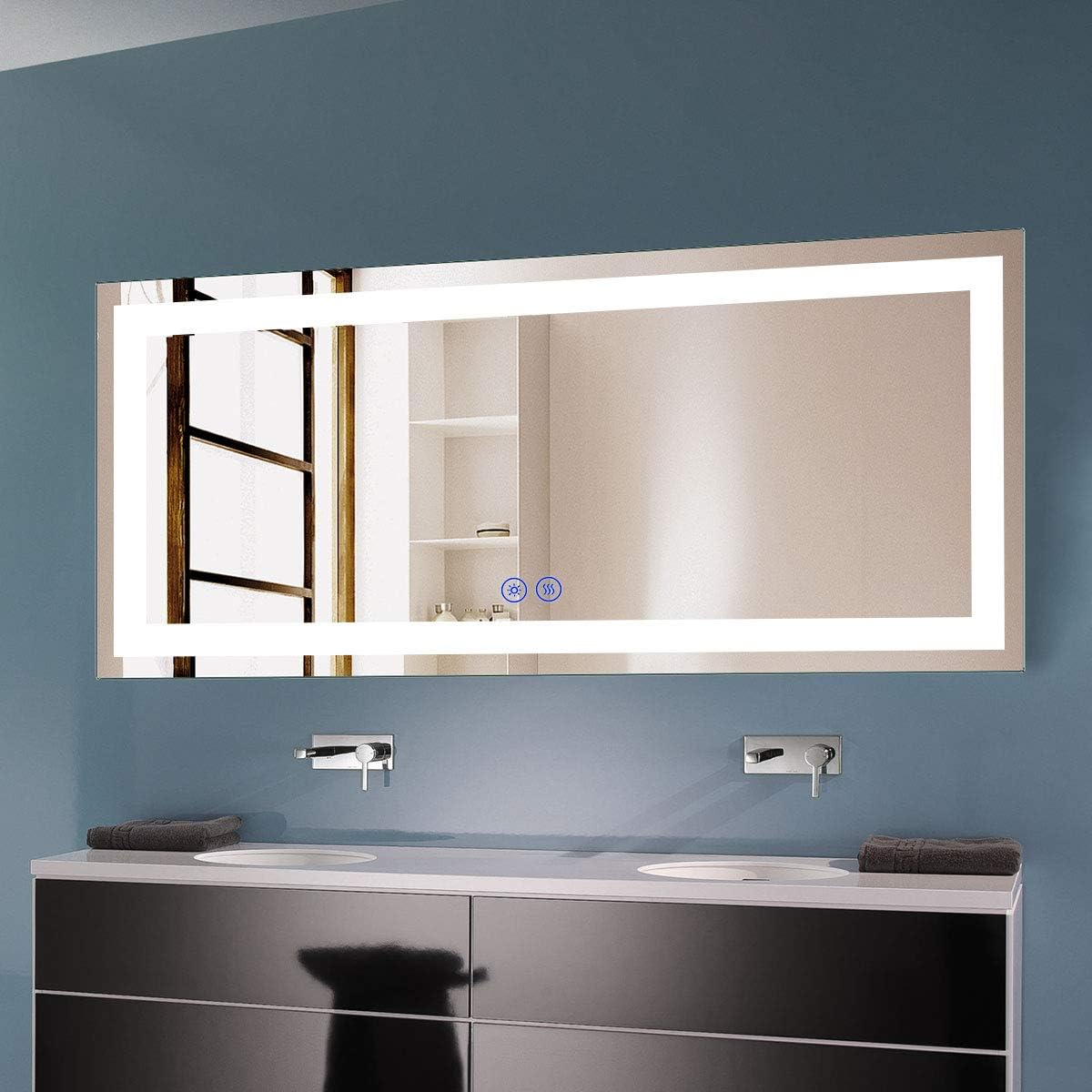 BHBL 60 x 36 Inch Illuminated LED Bathroom Mirror with Smart Button, Anti Fog, Dimmable, Bluetooth Speakers, Vertical & Horizontal Mount, Hotel Office Bar Mirror (D224-6036A)