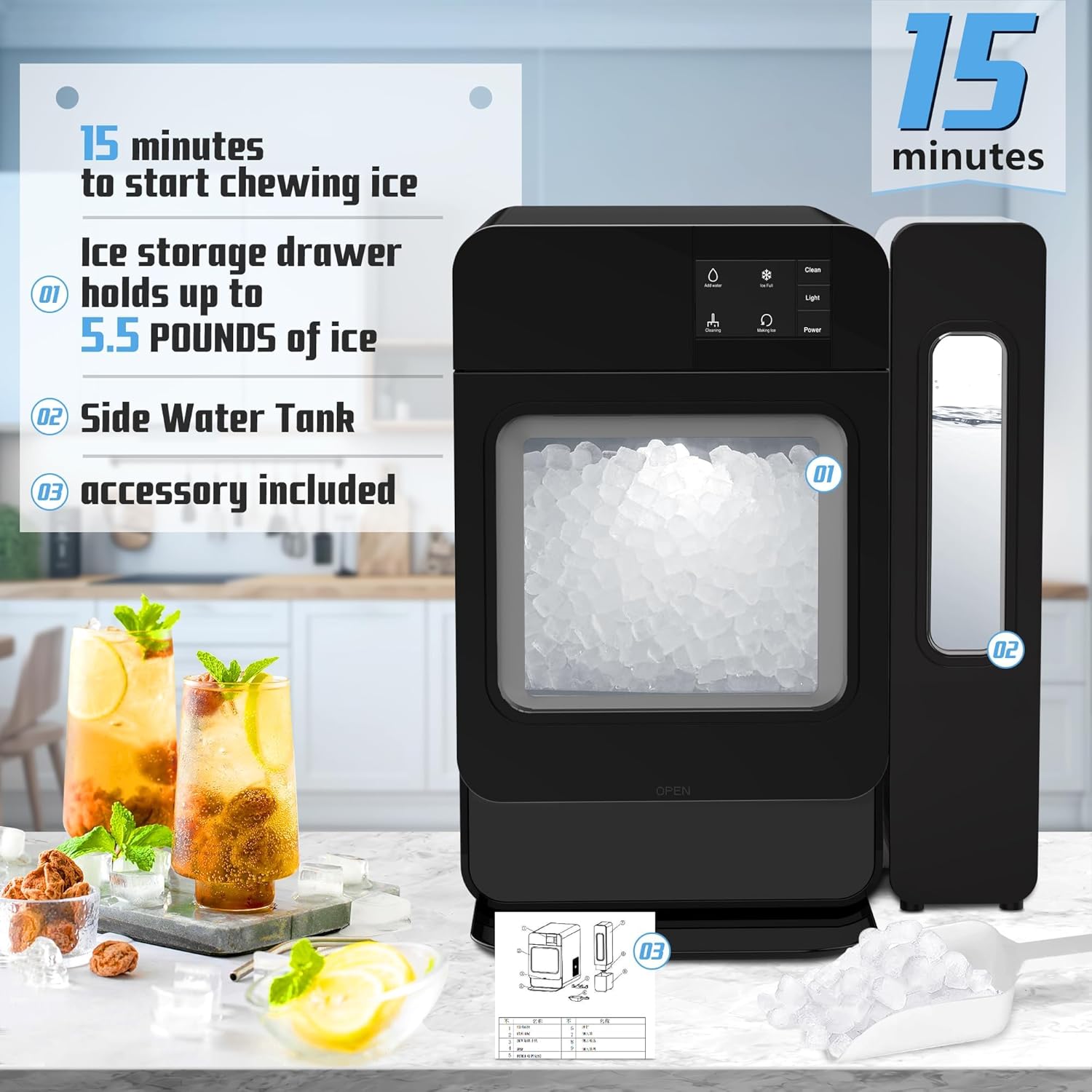 Countertop Nugget Ice Maker, Portable Ice Machine 33 lbs/Day Chewable Ice with Self-Cleaning & Auto Water Refill, Suitable for Home Office Bar Party (Black)