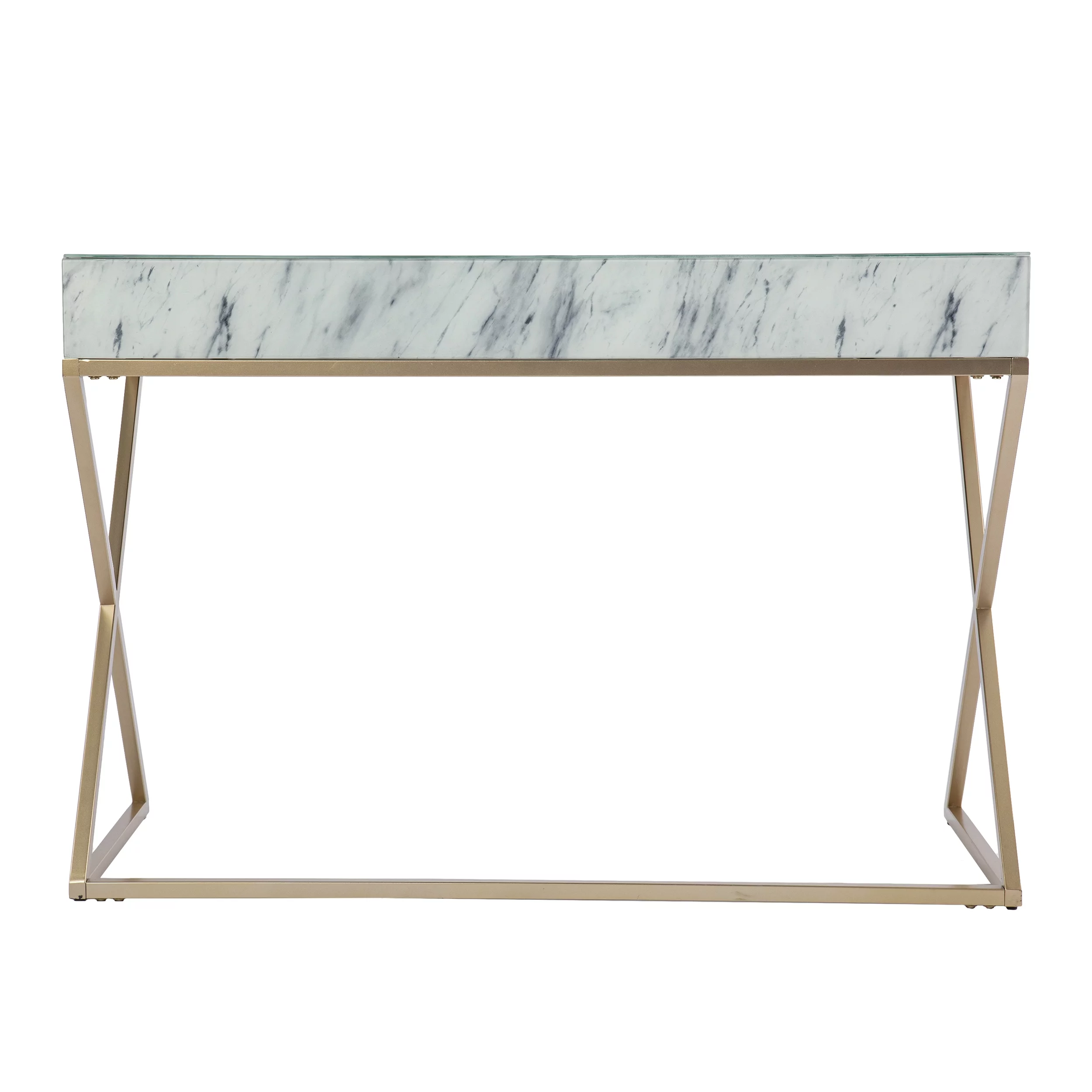 SEI Kamula Glam style Faux Marble Writing Desk with Storage in Gold finish with Gray and White faux marble