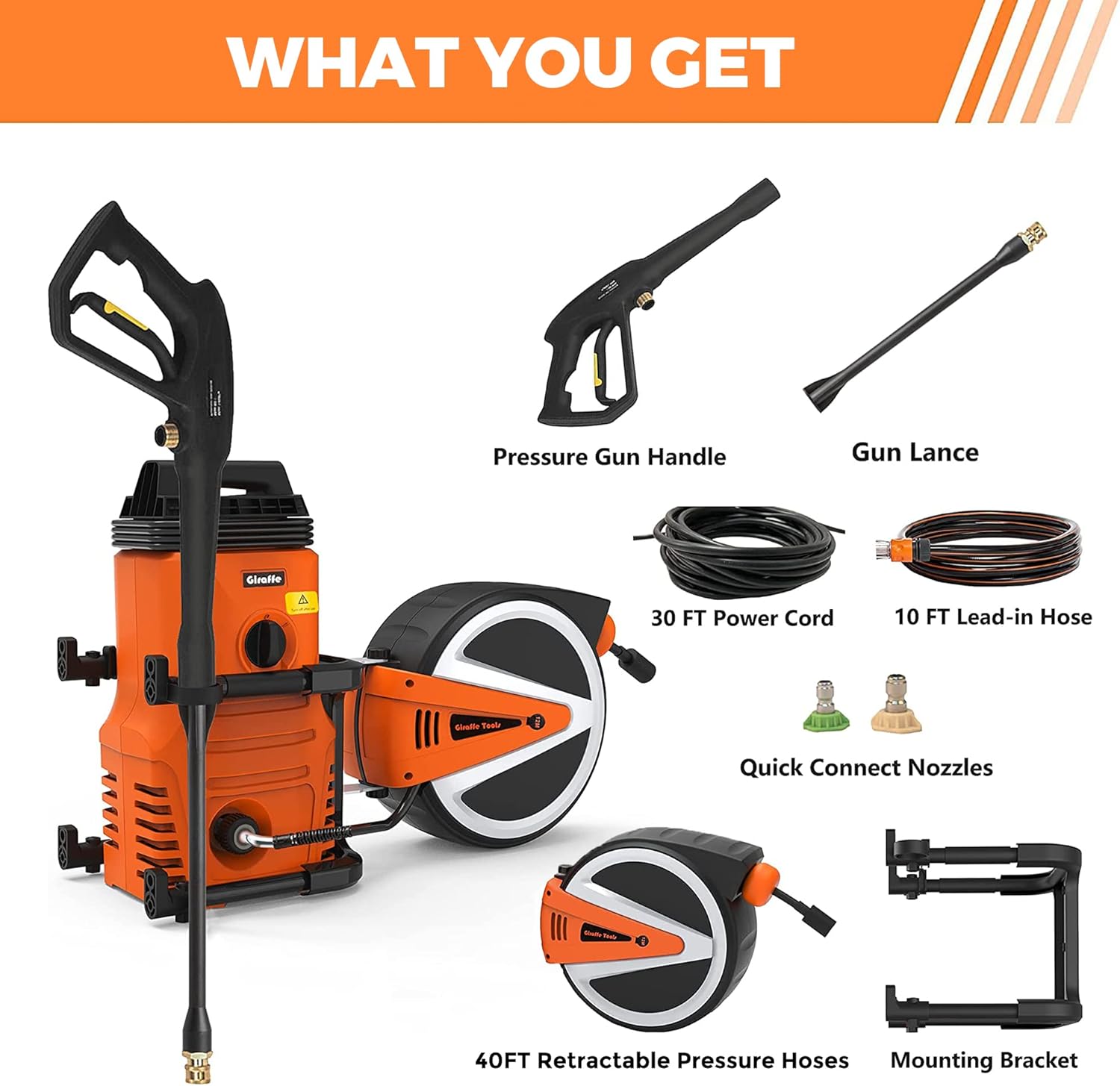 Giraffe 1600PSI Electric Pressure Washer, 1.32GPM Power Washer with 40FT Retractable Pressure Hose with Reel, Leak-Proof Wall Mounted Washing Machine for Home/Patios/Garden/Cars/Driveways