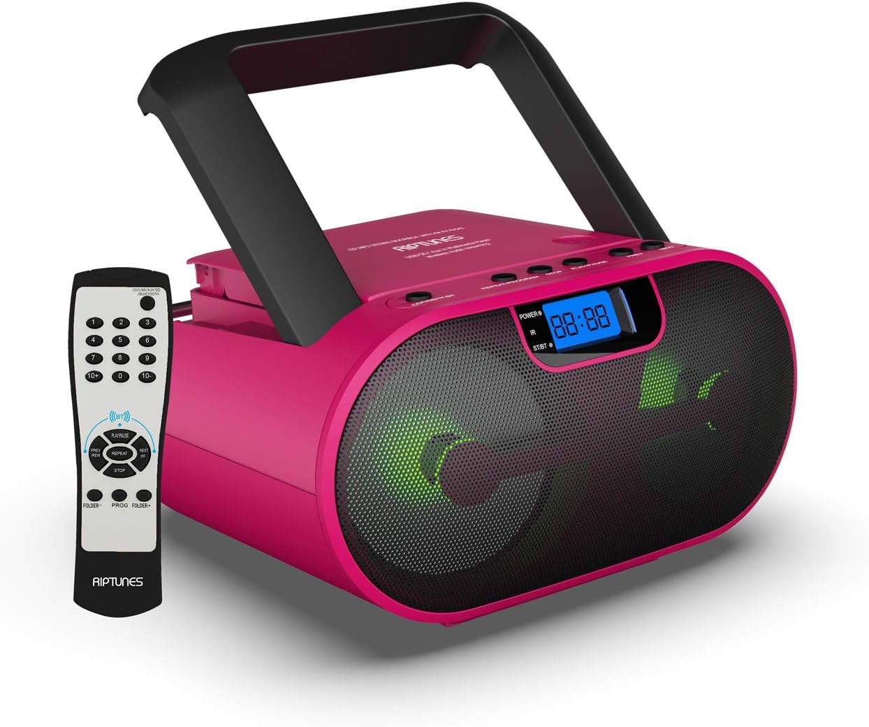 Riptunes CD Player Boombox Portable Radio AM/FM Bluetooth Boombox MP3/CD, USB, mSD, Aux, Headphone Jack Stereo Sound System with Enhanced Bass, LED Lights, LCD Display with Remote, Pink Pack of 2