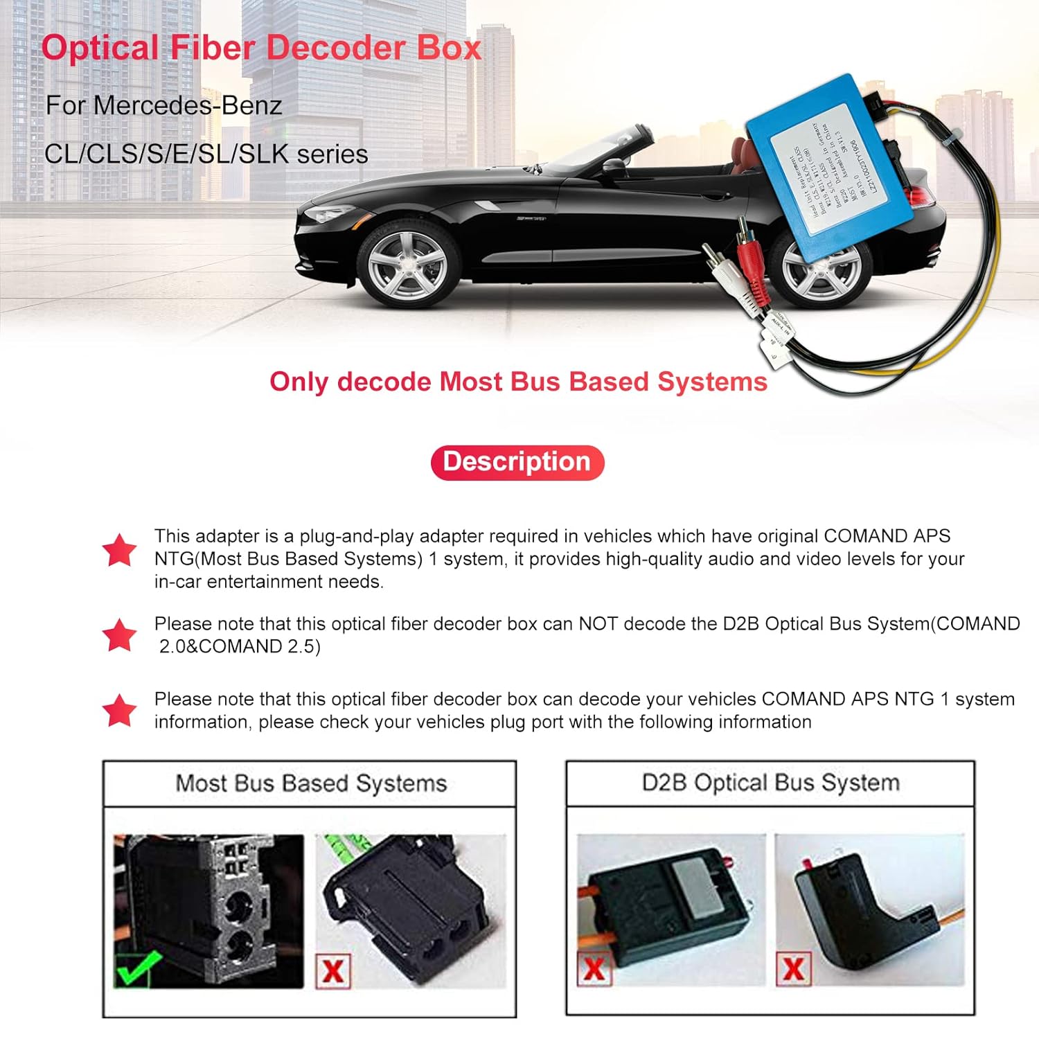 Fiber Optic Box Decoder Most Bus Based Systems for Head Unit Replacement Car Stereo Radio for Mercedes Benz E CLS SLK SL S CL Series (W219 W211 W171) (2003-2008)