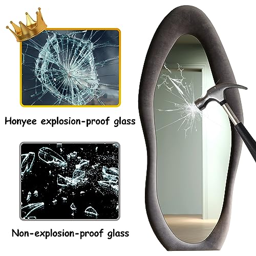 Honyee Full Length Mirror, 63" x 24" Wall Mirror, Flannel Wrapped Wooden Frame Floor Mirror, Irregular Wavy Mirror Hanging or Leaning Against Wall for Cloakroom/Bedroom/Living Room, Milk Tea