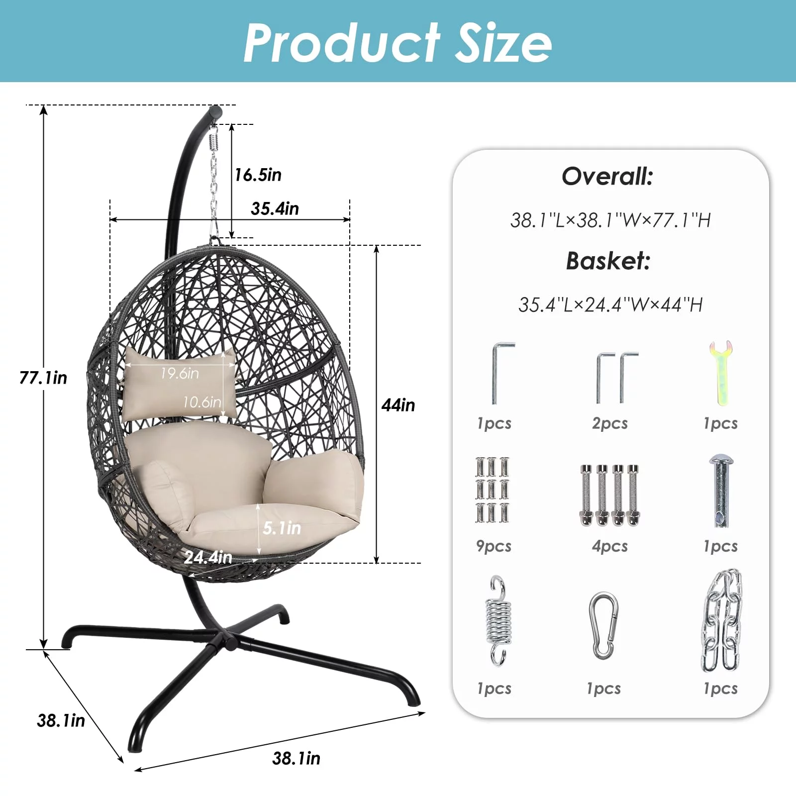 NICESOUL Outdoor Indoor Oversized Black Hanging Swing Nest Egg Chair with Stand and Big Beige Set