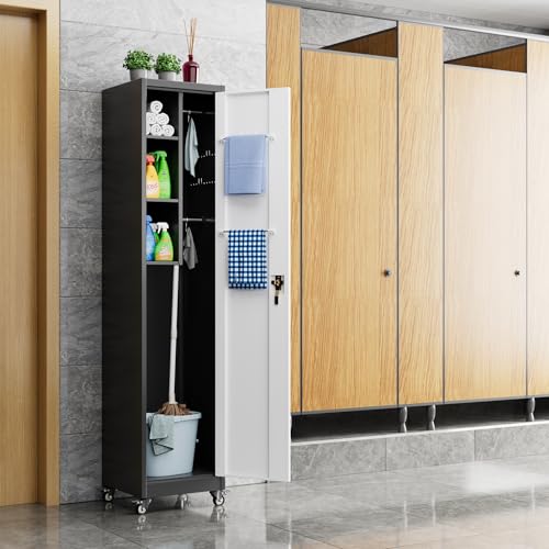Aobabo 71" H×34" W×18" D Garage Metal Storage Cabinet with Wheels, Locking Steel Storage Cabinet with 5 Shelves and 4 Hooks, for Home Office, School, Assembly Required, Black Silver
