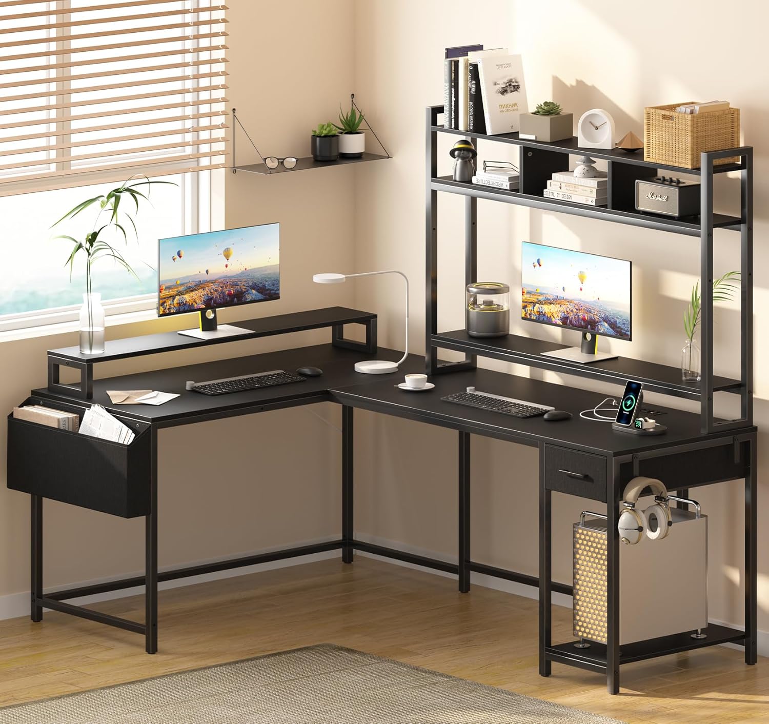 L Shaped Gaming Computer Desk with Monitor Shelf, Reversible Gaming Desk with Power Outlets & LED Lights,Extra Large Long Office Desk, Corner Desk for Home Office