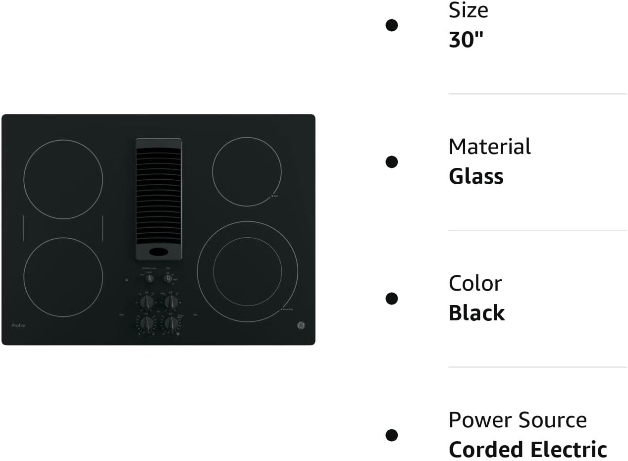 GE PP9830DJBB Profile Series Electric Cooktop with 4 Burners and 3-Speed Downdraft Exhaust System, 30", Black