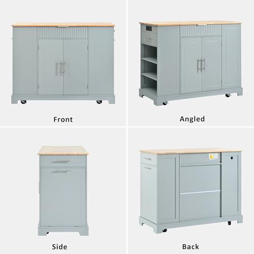 60" Kitchen Island with Drop Leaf and Power Outlet, Rolling Kitchen Cart on Wheels with Trash Can Storage Cabinet, Spice Rack, Towel Rack and Adjustable Shelf for Dining Room