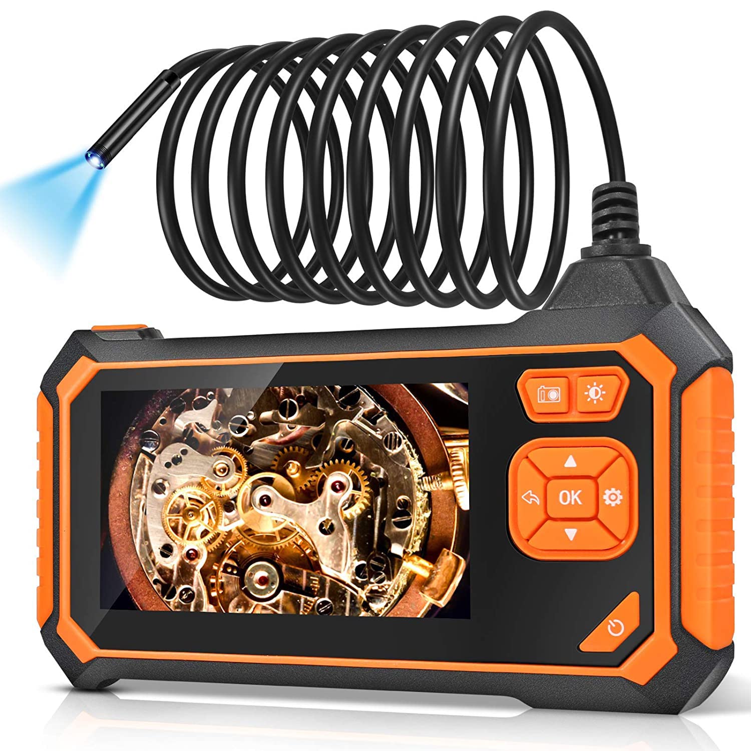 Borescope Inspection Camera,Industrial Endoscope Camera HD 5.5mm 1080P 4.3 LCD Screen w/ IP67 Waterproof Snake Camera 6 LED Lights, Sewer Camera with Semi-Rigid Cable, Emergency Light (Orange)