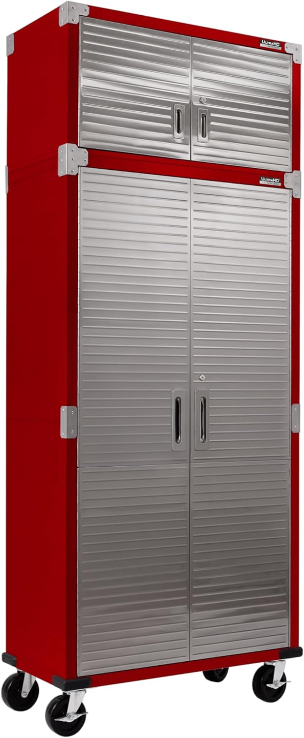 Seville Classics UltraHD 2-Piece Heavy Duty Mega Solid Steel Metal 2-Door Lockable Stacker Wall Storage Cabinet Set Organizer for Garage, Office, Classroom, 36" W x 18" D x 90.5" H, Red