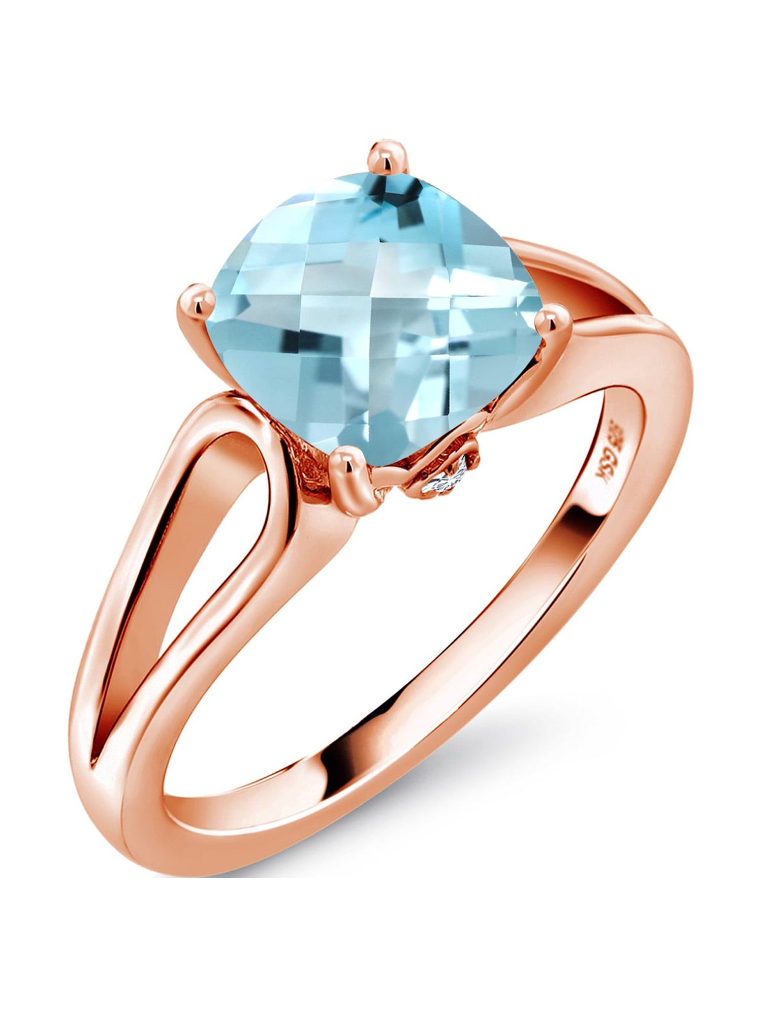 Gem Stone King 3.48 Ct Cushion Checkerboard Sky Blue Topaz G-H Lab Grown Diamond 18K Rose Gold Plated Silver Ring