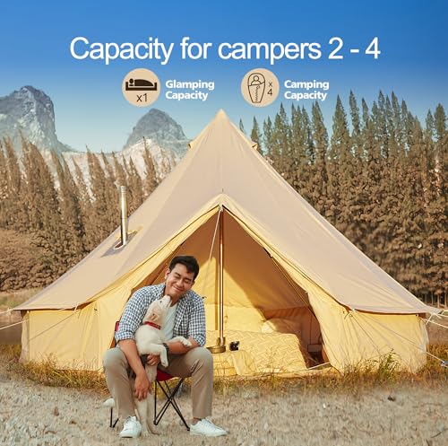 Cotton Canvas Bell Tent, Waterproof Large Tents with Sturdy Center & Door Pole and Space for 4/6/8 Person All 4 Season Camping Yurt Tent
