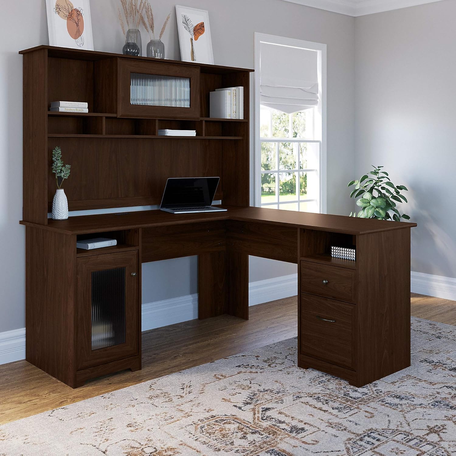 Bush Furniture Cabot L Shape Desk with Hutch, Modern Walnut
